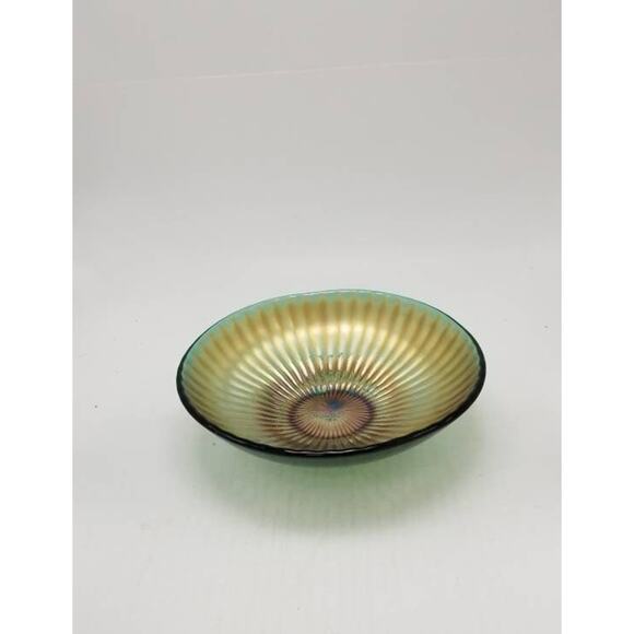 Vintage Stippled Ray Carnival Glass Bowl, Green Gold, Imperial Glass? Northwood? - Picture 2 of 6